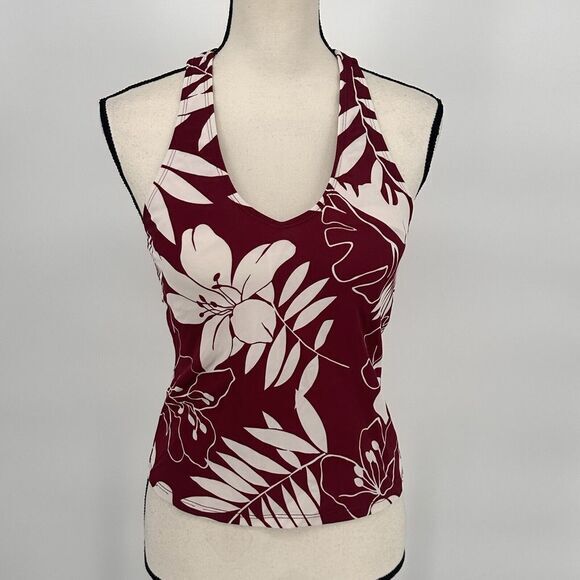 Cherokee Red Floral Hawaiian Halter Tie Tankini Top Swimsuit Built in Bra Size 8 - Picture 2 of 9